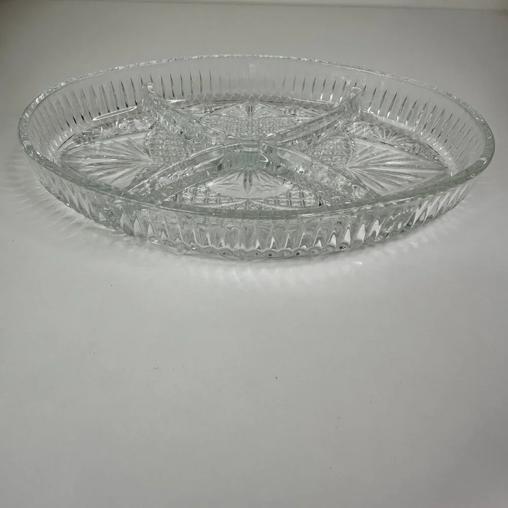 Libbey Clarion Clear Glass Divided Oval Serving Tray With Starburst Design